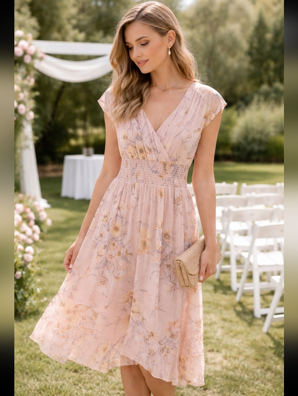 H&M High-Low Floral Blush Pink Midi Dress Smocked Waist V-Neck Flowy Boho Spring